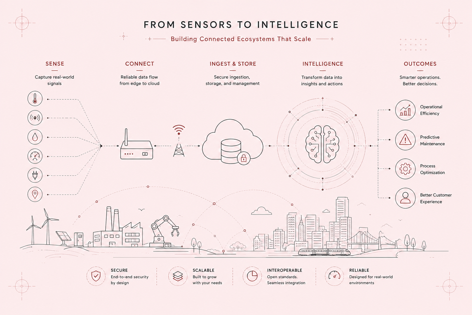 From sensors to intelligence diagram showing connected ecosystem scale from edge to cloud outcomes